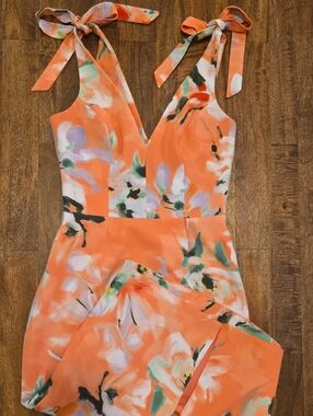 Dress the Population Coral-Orange Floral Tie-Shoulder Fitted Midi